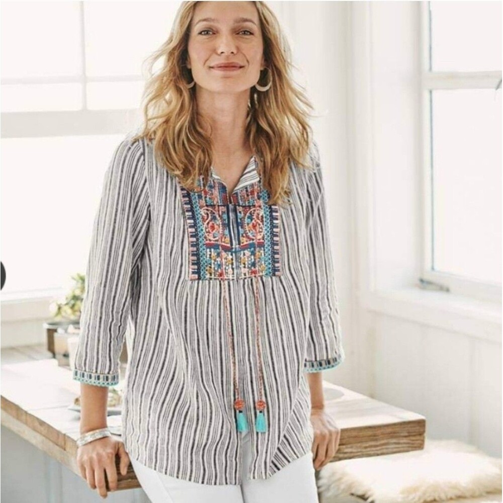 J. JILL LOVE LINEN STRIPED EMBROIDERED TASSLE TUNIC TOP XS BOHO PEASANT CASUAL